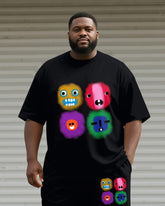 Big & Tall Men's Black Expression Graffiti Print Round Neck Short Sleeve T-Shirt Shorts Suit